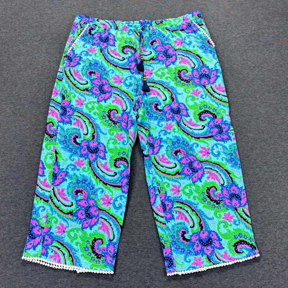 Talbots Pants Womens XL Aqua Paisley Capri Drawstring Tassel Pom Hem 100% Cotton